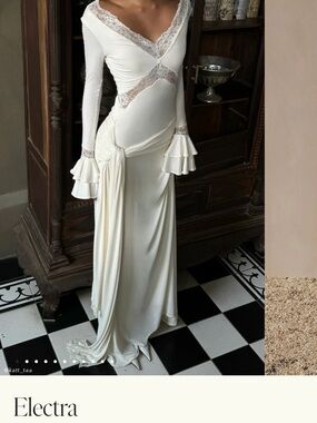 Meshki Cream Long Sleeve Lace-Trim Maxi Dress